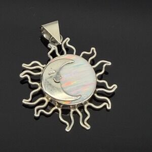 Sterling Silver Mexico Sun Ray Moon Face Eclipse Celestial Pendant Fire Opal 925